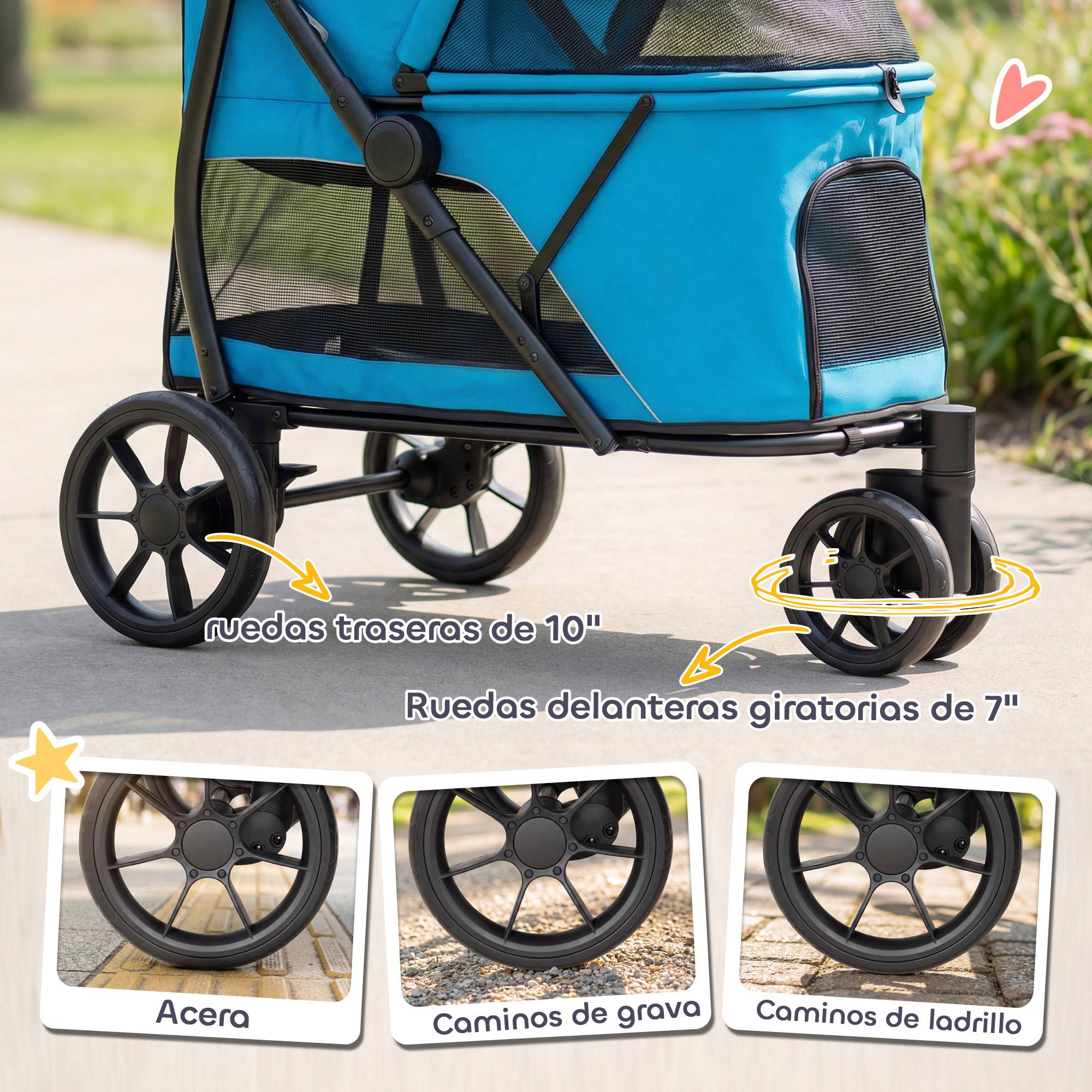 Poussette pliable pour chien à 3 roues, fenêtres en filet, coussin lavable, tout terrain, capacité de charge 20 kg, 92 x 63 x 95 cm, bleue - Image 7