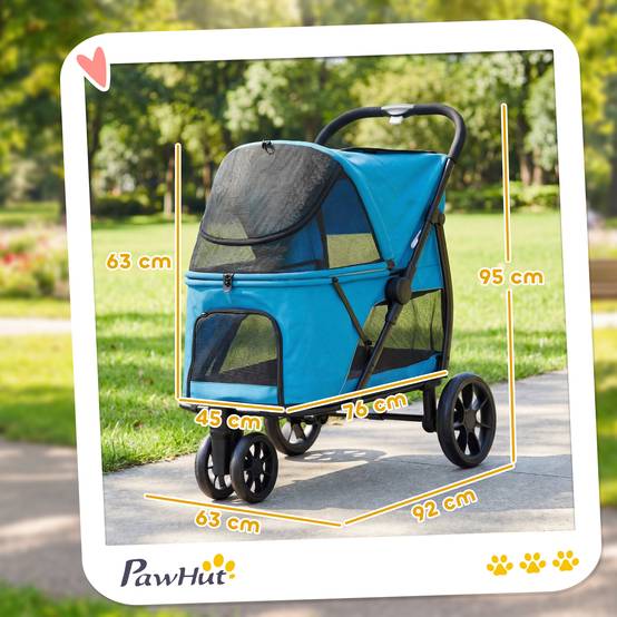 Poussette pliable pour chien à 3 roues, fenêtres en filet, coussin lavable, tout terrain, capacité de charge 20 kg, 92 x 63 x 95 cm, bleue - Image 5