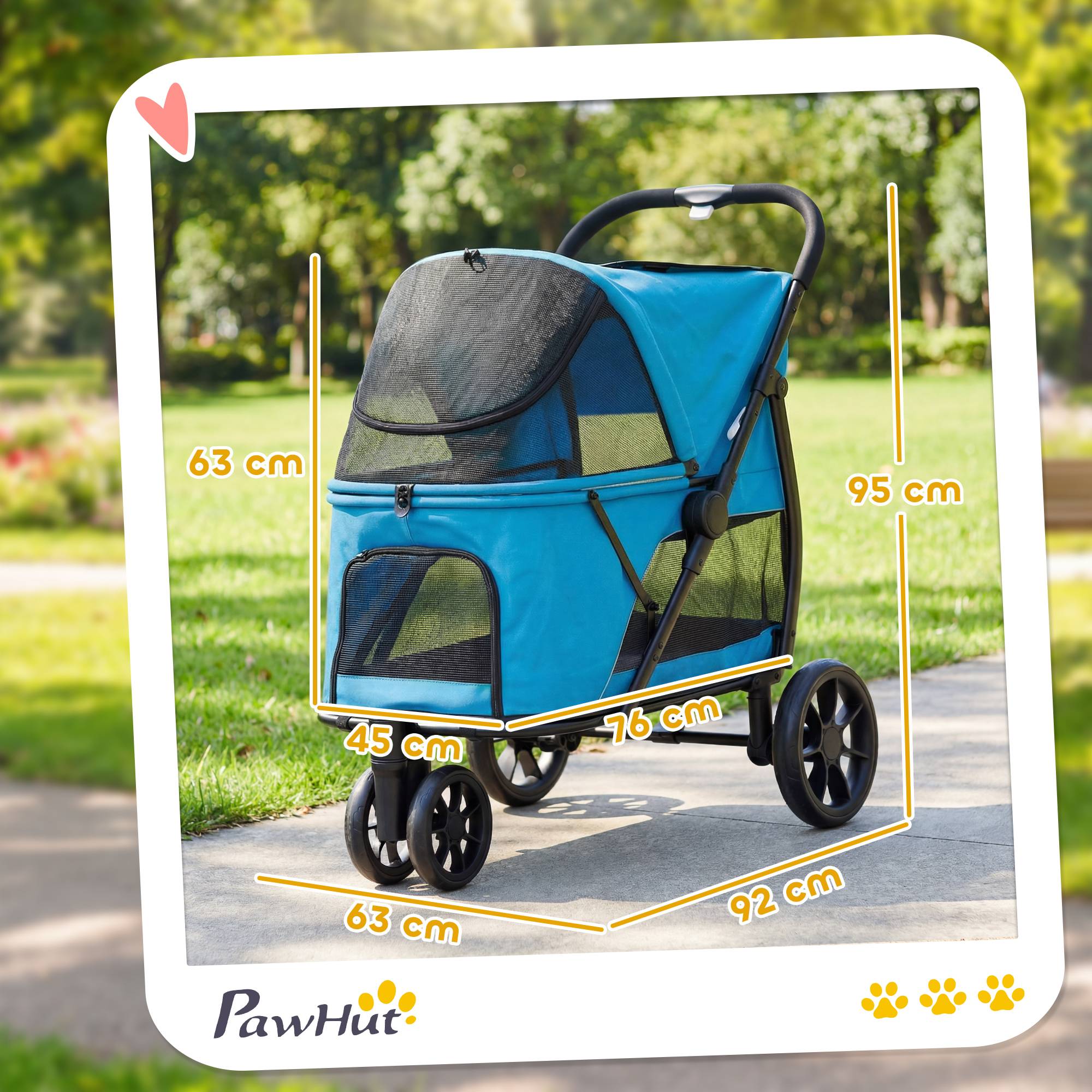 Poussette pliable pour chien à 3 roues, fenêtres en filet, coussin lavable, tout terrain, capacité de charge 20 kg, 92 x 63 x 95 cm, bleue - Image 5