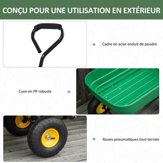 Chariot de jardin acier plastique extérieur benne basculante 125L 118x58x102cm vert - ComfortXL Outdoor Living - Image 8