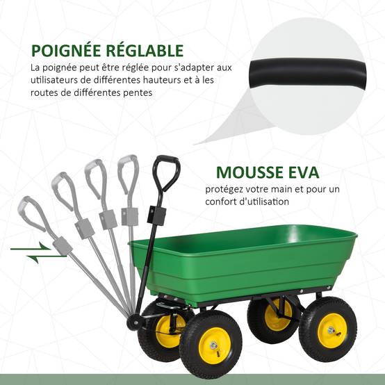 Chariot de jardin acier plastique extérieur benne basculante 125L 118x58x102cm vert - ComfortXL Outdoor Living - Image 7