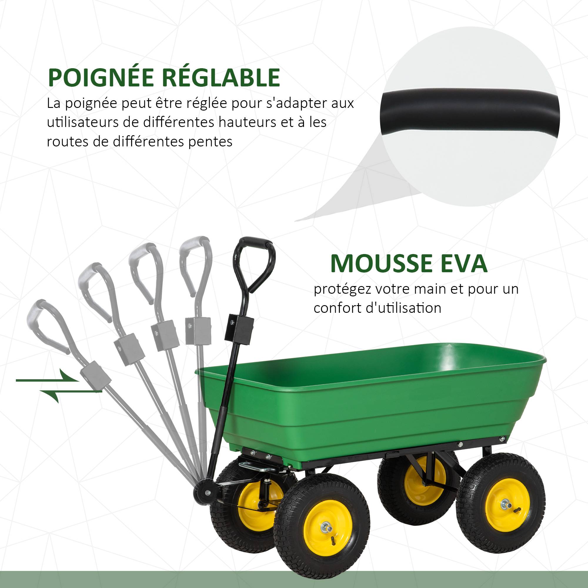 Chariot de jardin acier plastique extérieur benne basculante 125L 118x58x102cm vert - ComfortXL Outdoor Living - Image 7
