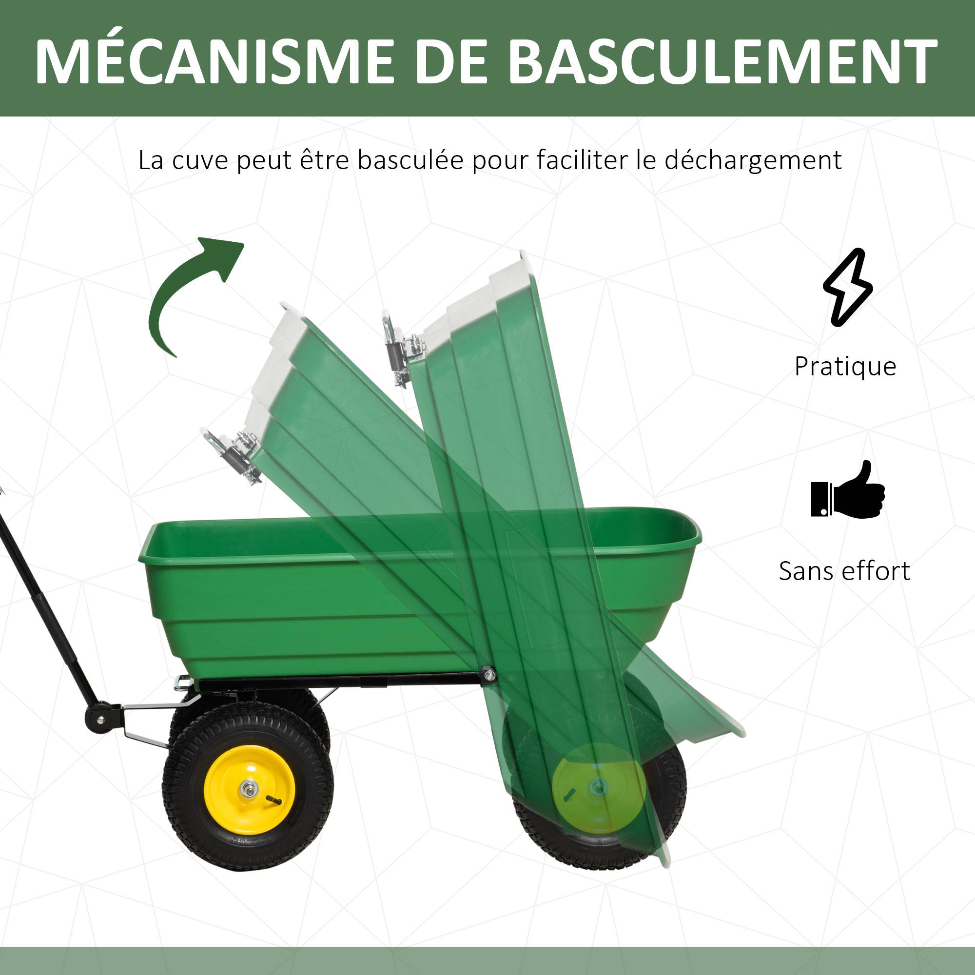 Chariot de jardin acier plastique extérieur benne basculante 125L 118x58x102cm vert - ComfortXL Outdoor Living - Image 6