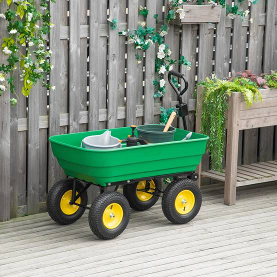 Chariot de jardin acier plastique extérieur benne basculante 125L 118x58x102cm vert - ComfortXL Outdoor Living - Image 4