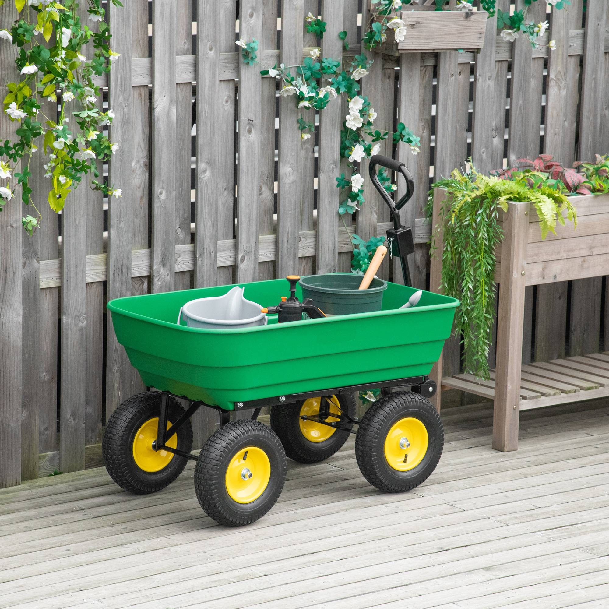 Chariot de jardin acier plastique extérieur benne basculante 125L 118x58x102cm vert - ComfortXL Outdoor Living - Image 4