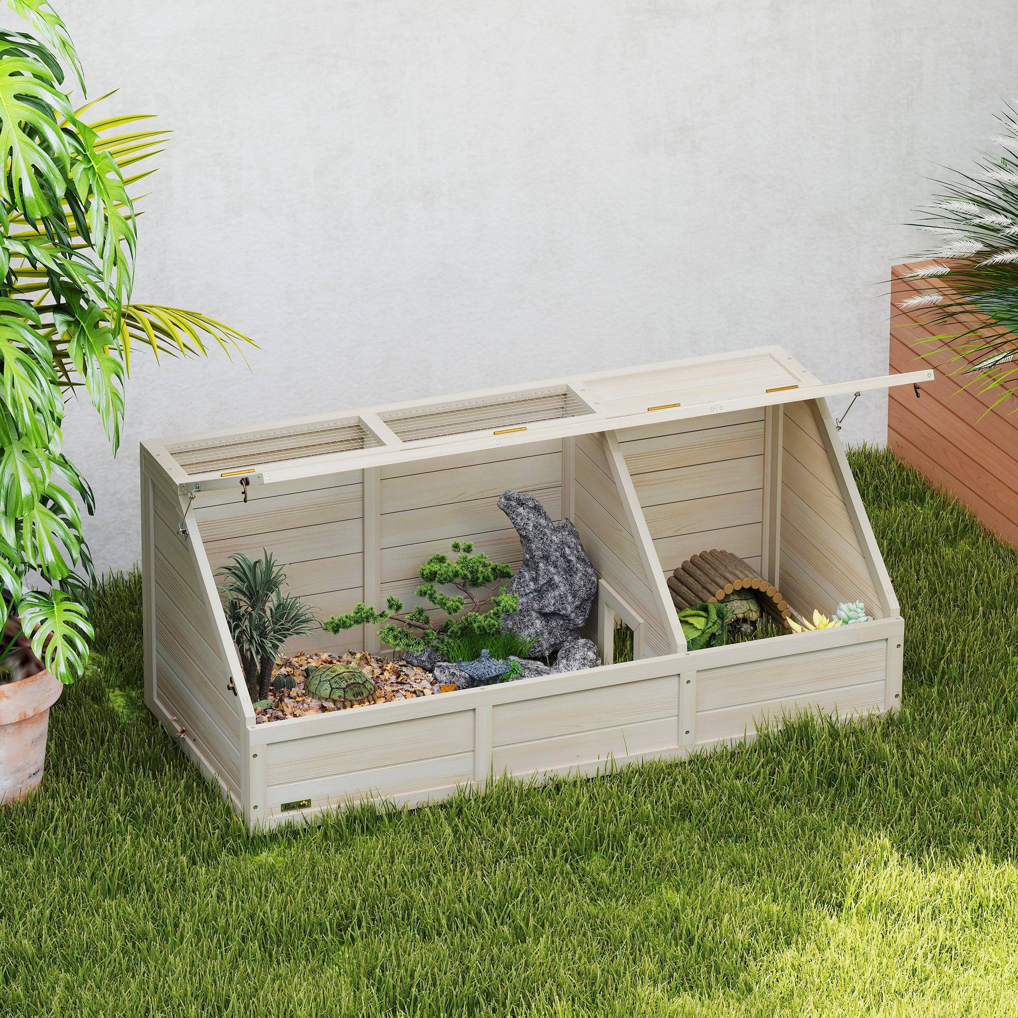 Sans Marque - Maison enclos cage pour petit animal tortue en bois avec couvercle ouvrable, loquets, 2 espaces distincts, bois naturel - Image 3