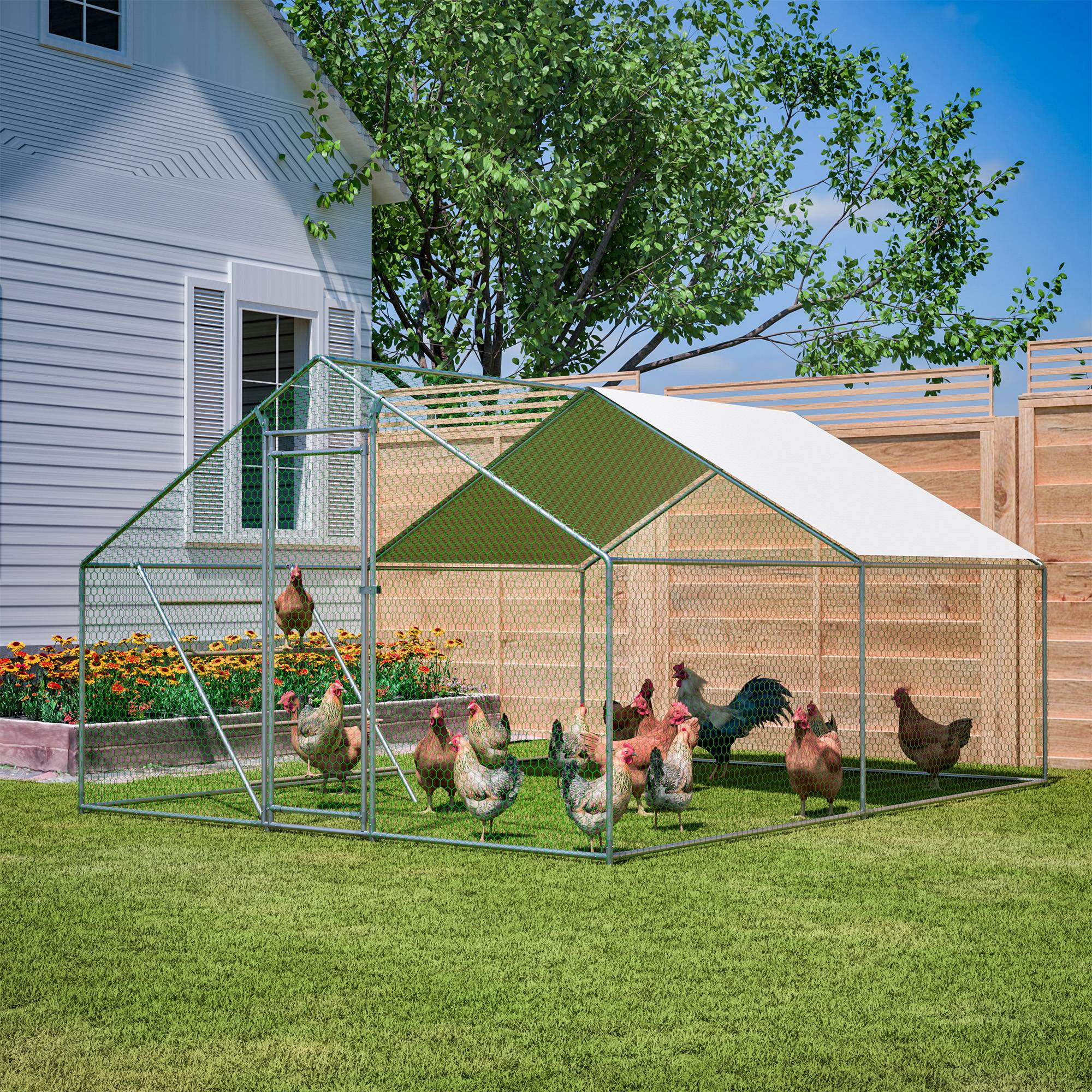 Enclos poules acier galvanisé extérieur avec échelle bâche 12m² 3x4m gris - ComfortXL Outdoor Living - Image 1