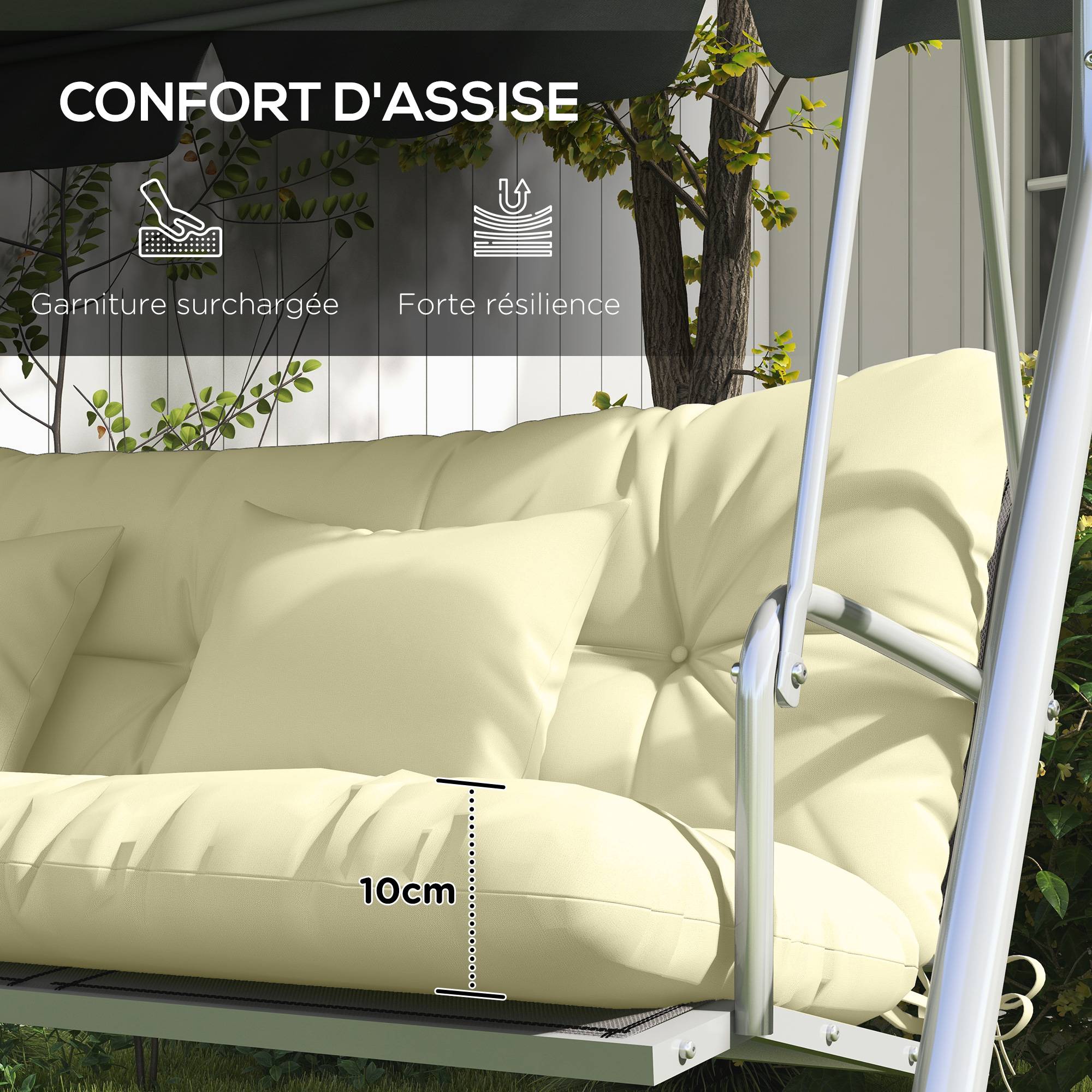 Ensemble de 4 coussins d'extérieur pour balancelle de jardin, 1 coussin d'assise coussins de dossier et 2 oreillers - Image 8