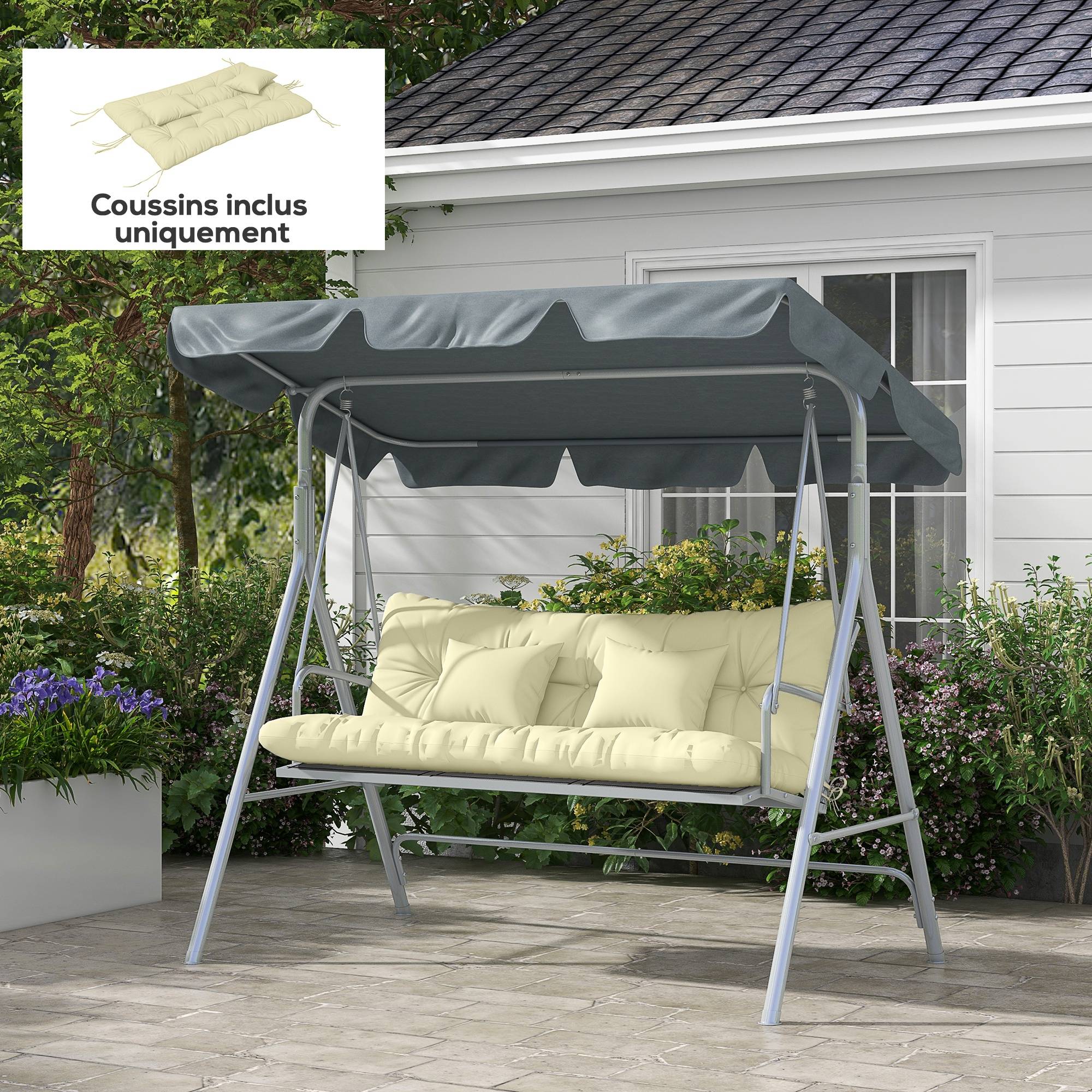 Ensemble de 4 coussins d'extérieur pour balancelle de jardin, 1 coussin d'assise coussins de dossier et 2 oreillers - Image 3