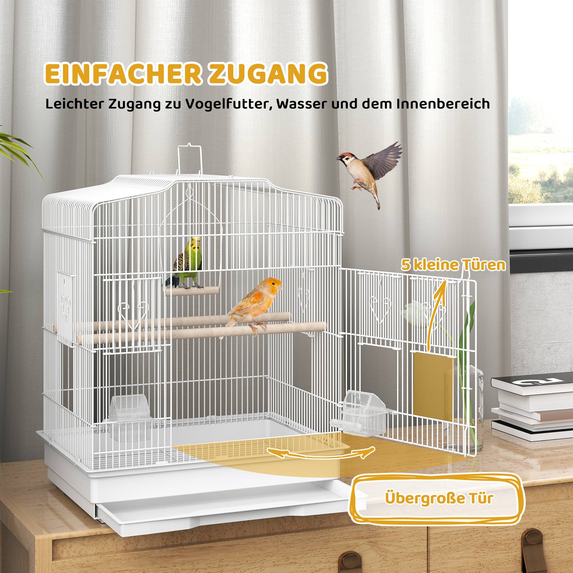 ComfortXL - Cage à oiseaux acier blanc 46,5 x 36 x 59 cm pour perruches petits oiseaux avec tiroir amovible et mangeoires - Image 4