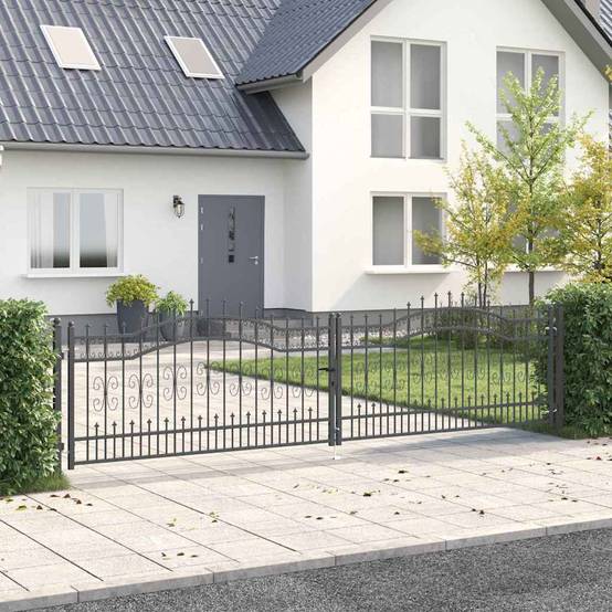 Portail Jardin Double Battant Acier Style Fer Forgé Pointe de Lance 404x151 cm Gris - ComfortXL Outdoor Living - Image 1