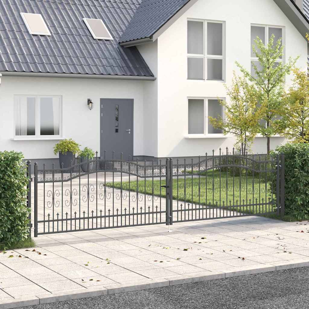 Portail Jardin Double Battant Acier Style Fer Forgé Pointe de Lance 404x151 cm Gris - ComfortXL Outdoor Living - Image 1