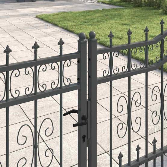 Portail Jardin Double Battant Acier Style Fer Forgé Pointe de Lance 404x151 cm Gris - ComfortXL Outdoor Living - Image 3