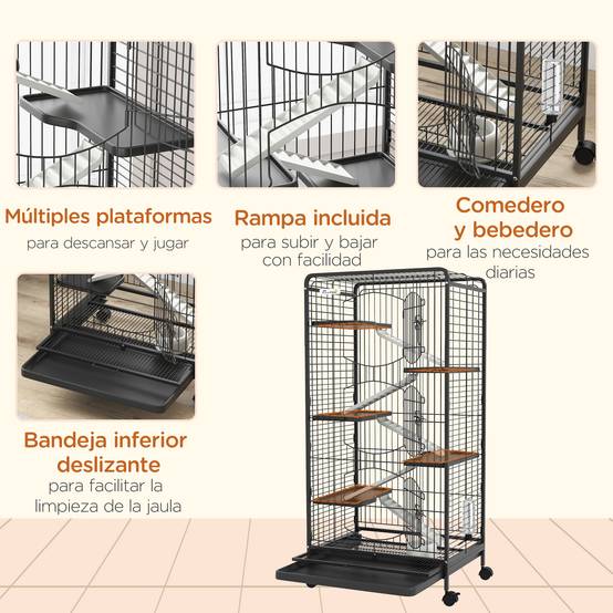 Grande cage rongeur Métal multi-plateformes 6 niveaux avec roues 61x44x131cm Noir - ComfortXL Outdoor Living - Image 8