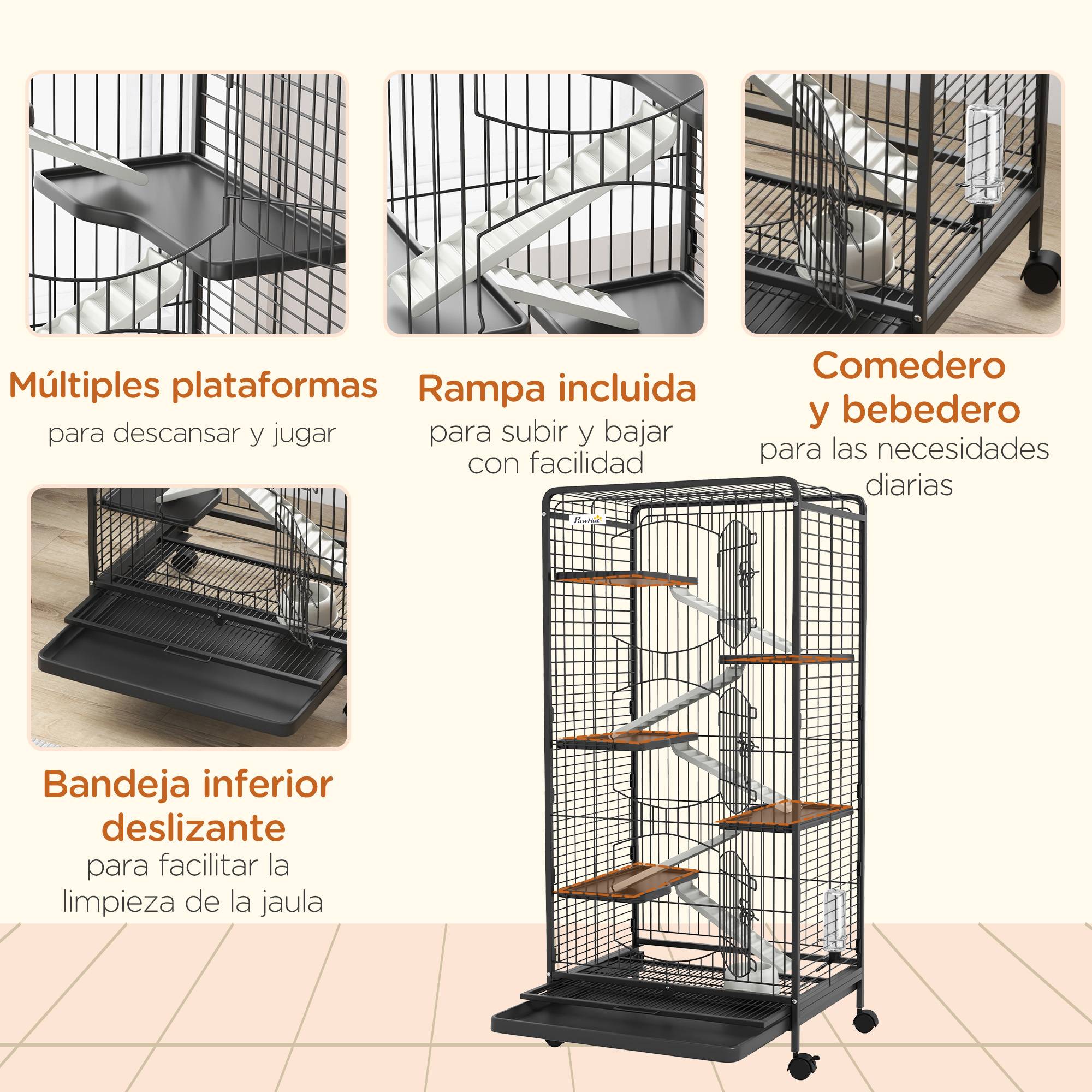 Grande cage rongeur Métal multi-plateformes 6 niveaux avec roues 61x44x131cm Noir - ComfortXL Outdoor Living - Image 8