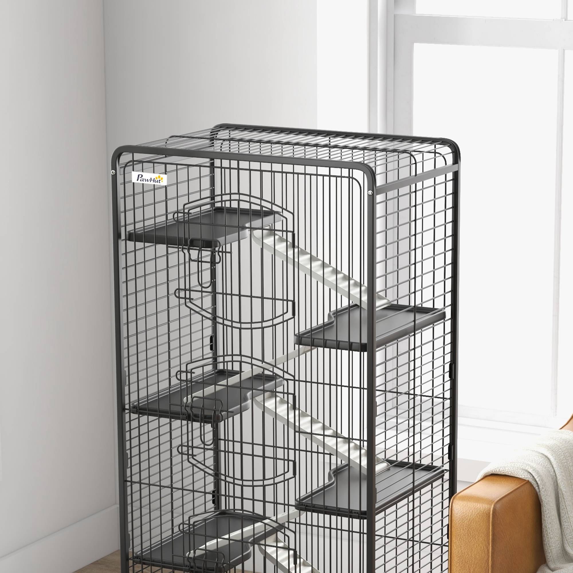 Grande cage rongeur Métal multi-plateformes 6 niveaux avec roues 61x44x131cm Noir - ComfortXL Outdoor Living - Image 10