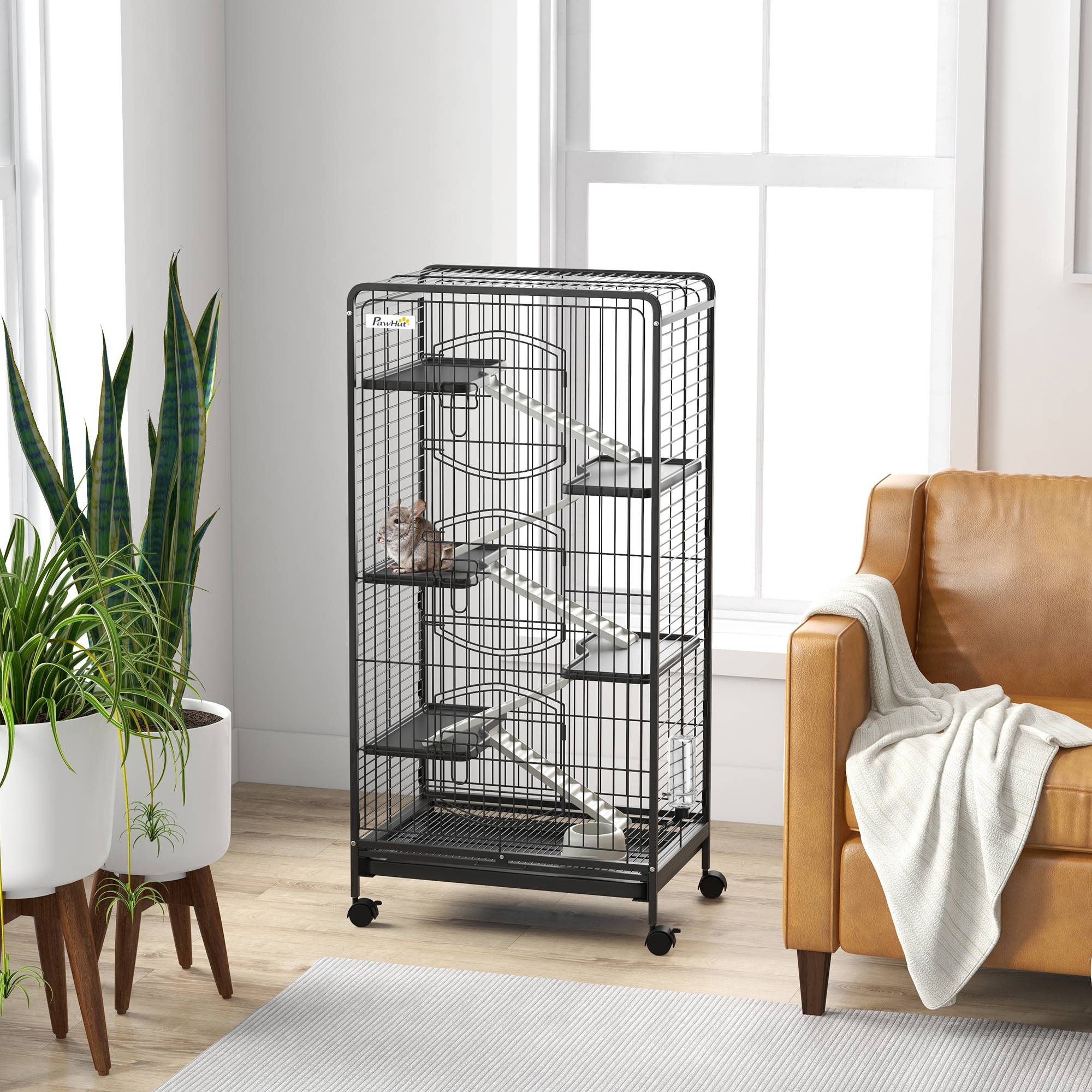 Grande cage rongeur Métal multi-plateformes 6 niveaux avec roues 61x44x131cm Noir - ComfortXL Outdoor Living - Image 3