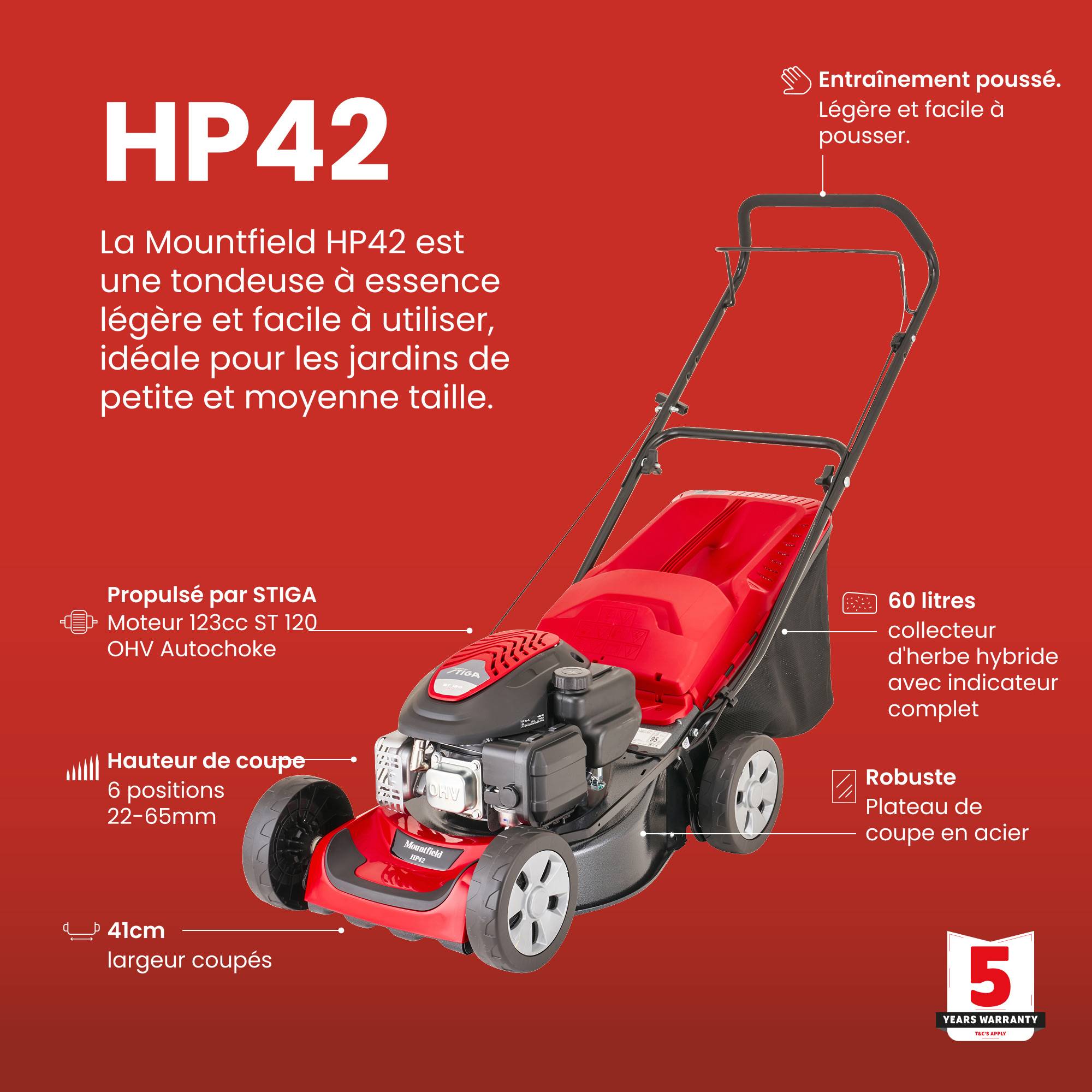 Tondeuse HP42, 123cc, largeur 41 cm, bac 60L - MOUNTFIELD - Image 5