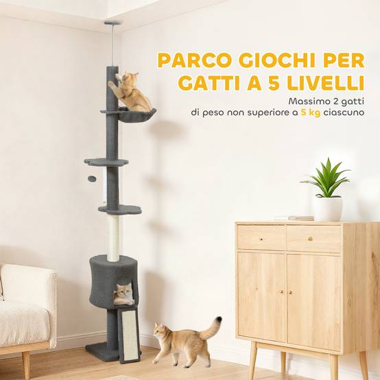 Arbre pour chats plafond 220-240cm avec hamac, niche, plateformes fleur et sisal, gris - Image 8