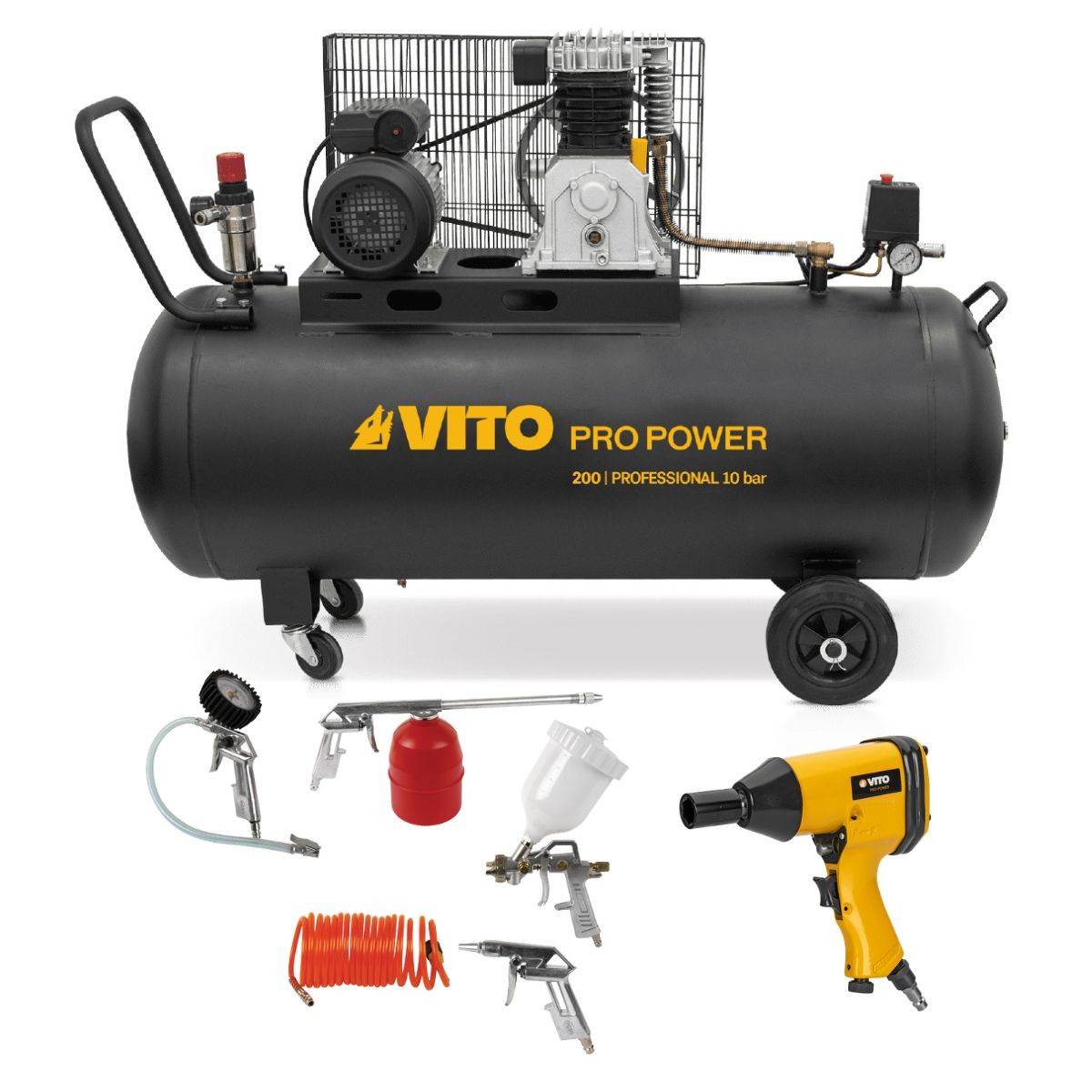Vito - Compresseur d'air 200L 10Bar 400L/min + Clé à choc pneumatique 310Nm + Outils de Gonflage Soufflage Peinture Garage Atelier VITO - Image 1