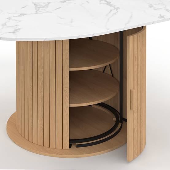 IDMARKET - Table à manger extensible ronde JULIETTE 4-8 personnes pied lattes avec rangement et plateau effet marbre blanc 110-150 cm - Image 6