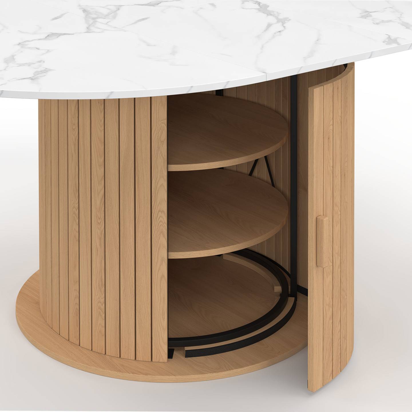 IDMARKET - Table à manger extensible ronde JULIETTE 4-8 personnes pied lattes avec rangement et plateau effet marbre blanc 110-150 cm - Image 6