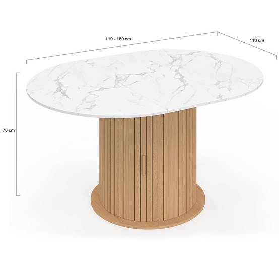 IDMARKET - Table à manger extensible ronde JULIETTE 4-8 personnes pied lattes avec rangement et plateau effet marbre blanc 110-150 cm - Image 5