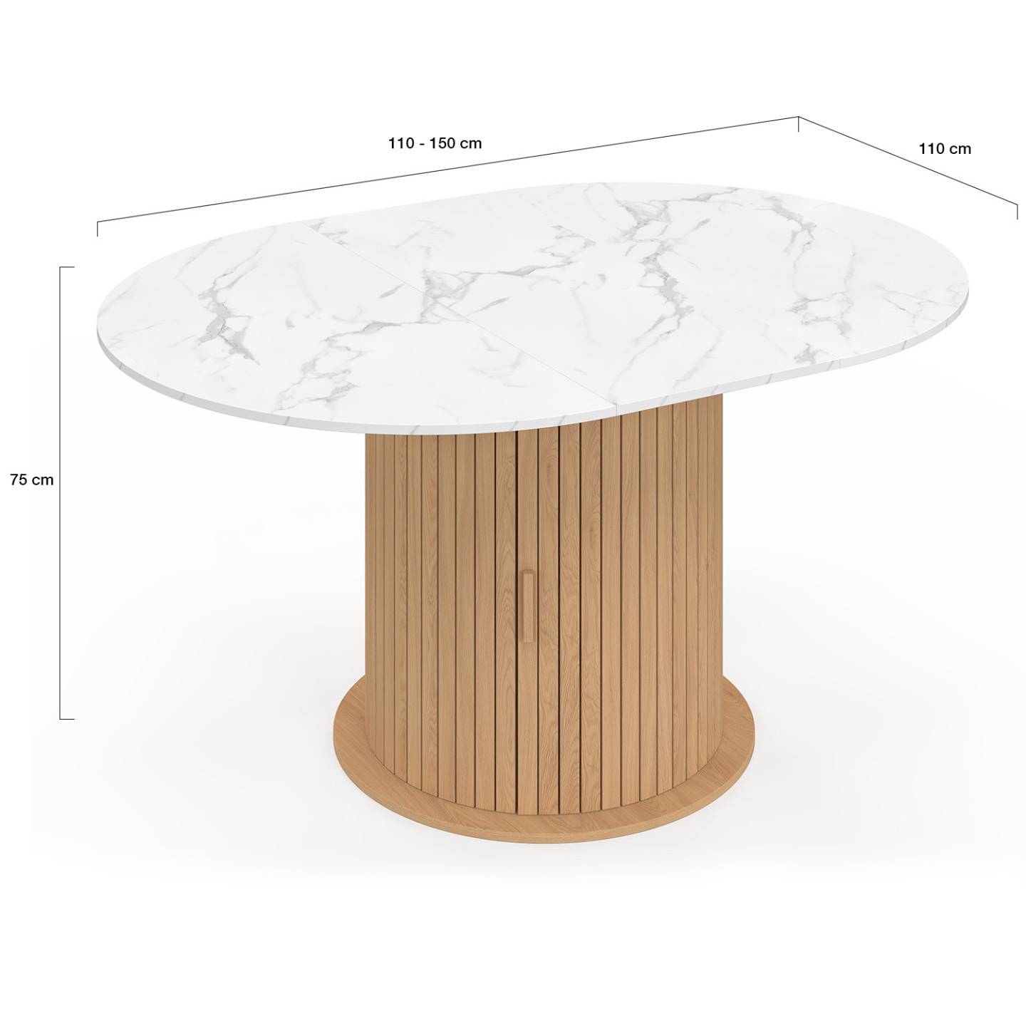 IDMARKET - Table à manger extensible ronde JULIETTE 4-8 personnes pied lattes avec rangement et plateau effet marbre blanc 110-150 cm - Image 5