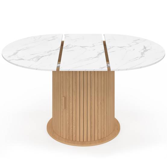 IDMARKET - Table à manger extensible ronde JULIETTE 4-8 personnes pied lattes avec rangement et plateau effet marbre blanc 110-150 cm - Image 3