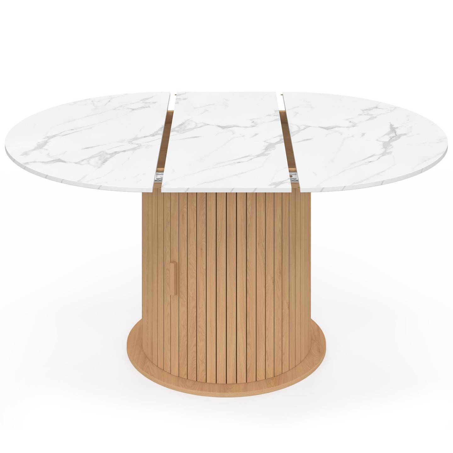 IDMARKET - Table à manger extensible ronde JULIETTE 4-8 personnes pied lattes avec rangement et plateau effet marbre blanc 110-150 cm - Image 3