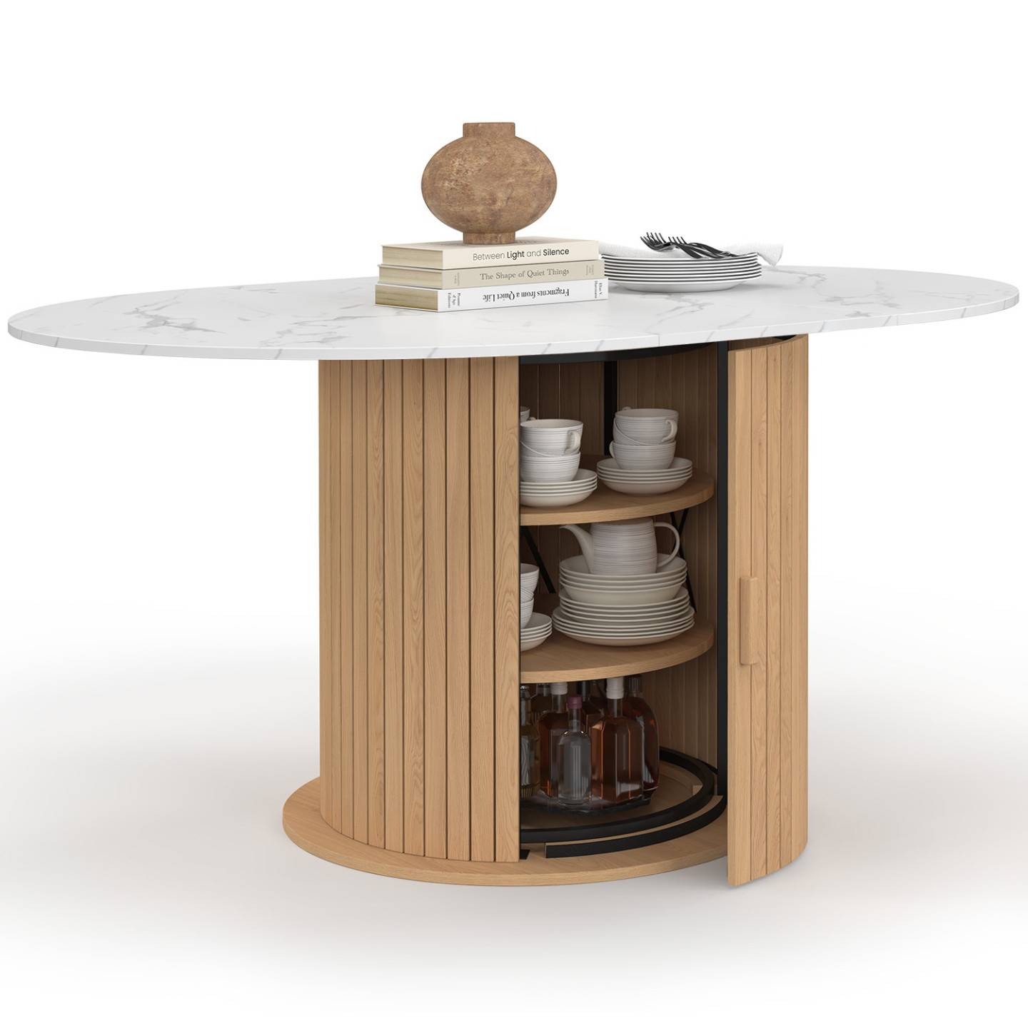 IDMARKET - Table à manger extensible ronde JULIETTE 4-8 personnes pied lattes avec rangement et plateau effet marbre blanc 110-150 cm - Image 2