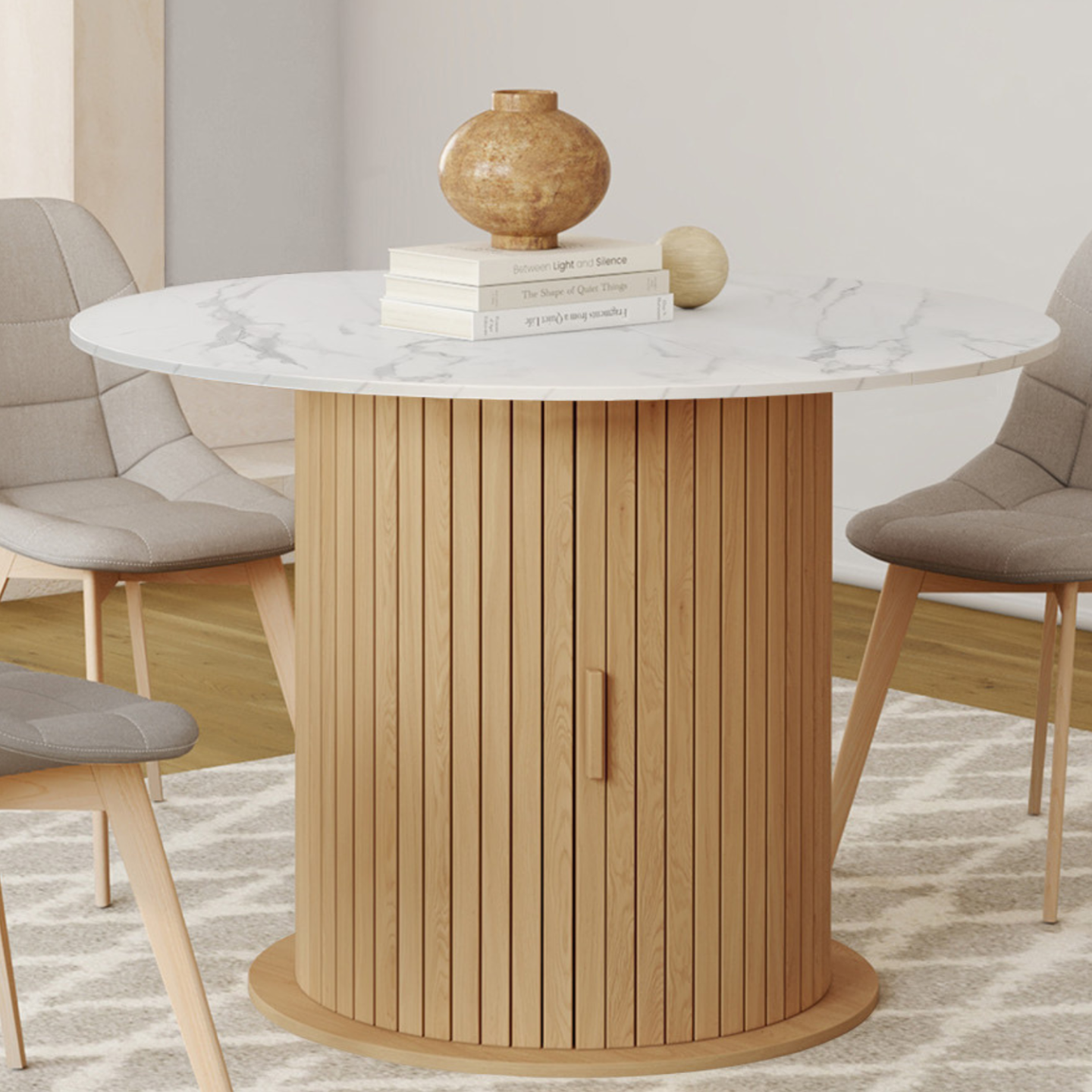IDMARKET - Table à manger extensible ronde JULIETTE 4-8 personnes pied lattes avec rangement et plateau effet marbre blanc 110-150 cm - Image 4
