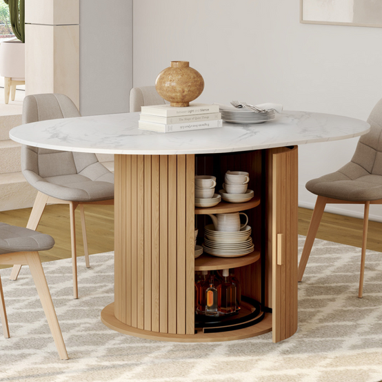 IDMARKET - Table à manger extensible ronde JULIETTE 4-8 personnes pied lattes avec rangement et plateau effet marbre blanc 110-150 cm - Image 1