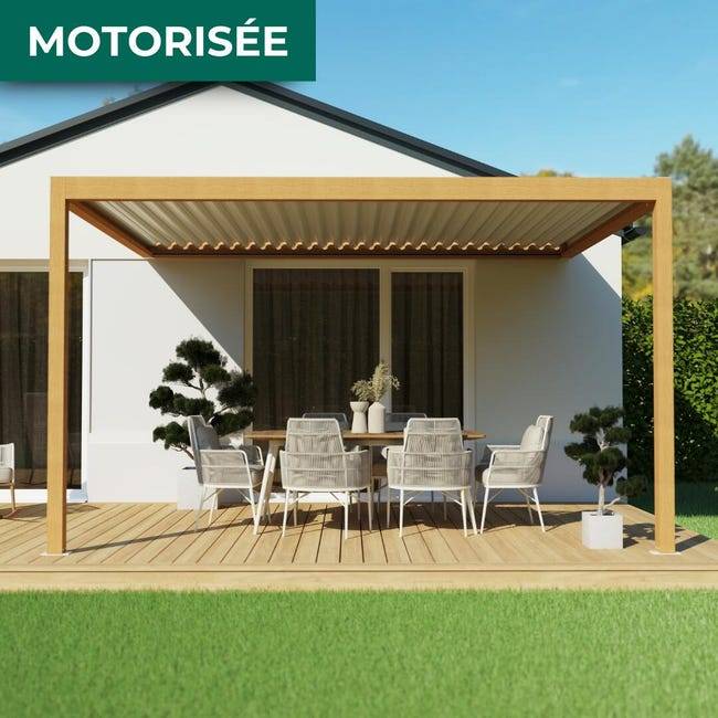 Pergola Bioclimatique Adossée Motorisée Éclairée Aluminium 4x3 Aspect Bois SV ORIAL France - Image 4