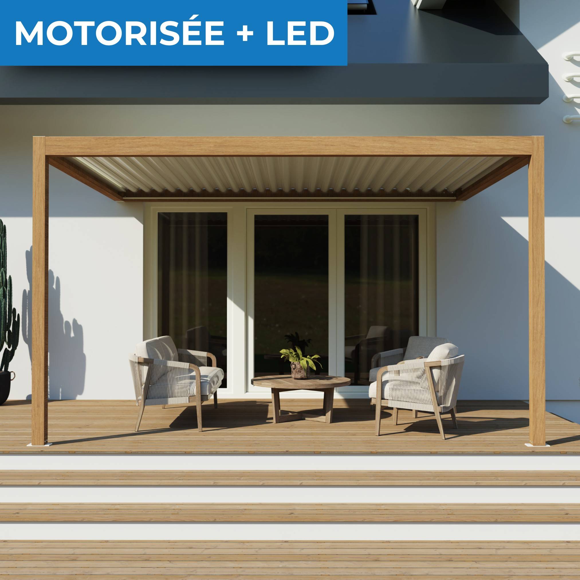 Pergola Bioclimatique Adossée Motorisée Éclairée Aluminium 4x3 Aspect Bois SV ORIAL France - Image 1