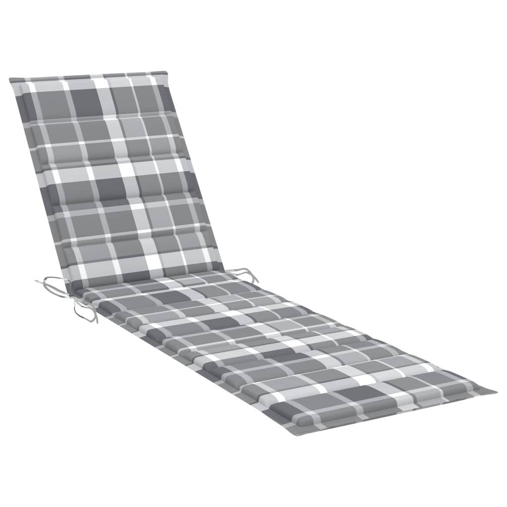 Helloshop26 - Transat chaise longue bain de soleil lit de jardin terrasse meuble d'extérieur avec coussin à carreaux gris bois de teck solide - Image 7