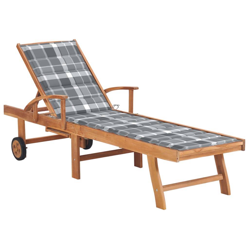 Helloshop26 - Transat chaise longue bain de soleil lit de jardin terrasse meuble d'extérieur avec coussin à carreaux gris bois de teck solide - Image 1