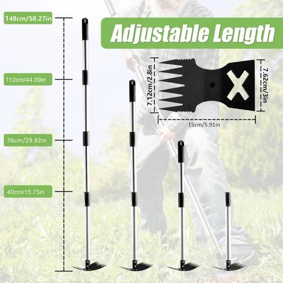 Outils de désherbage-Extracteur de mauvaises herbes 2-en-1 – Manche réglable 42-150 cm – Râteau + binette en acier -Living123 - Image 2