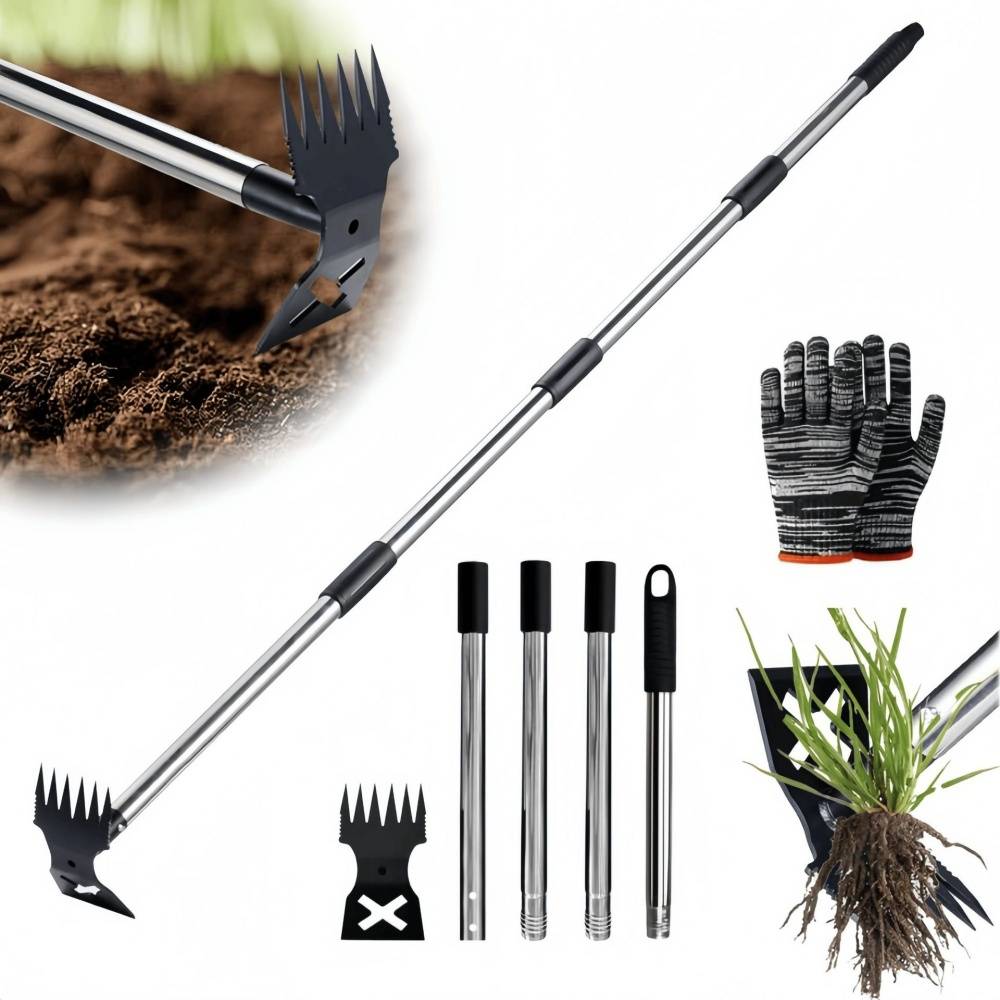 Outils de désherbage-Extracteur de mauvaises herbes 2-en-1 – Manche réglable 42-150 cm – Râteau + binette en acier -Living123 - Image 1