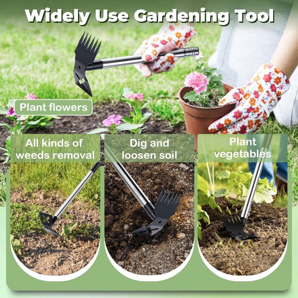 Outils de désherbage-Extracteur de mauvaises herbes 2-en-1 – Manche réglable 42-150 cm – Râteau + binette en acier -Living123 - Image 6