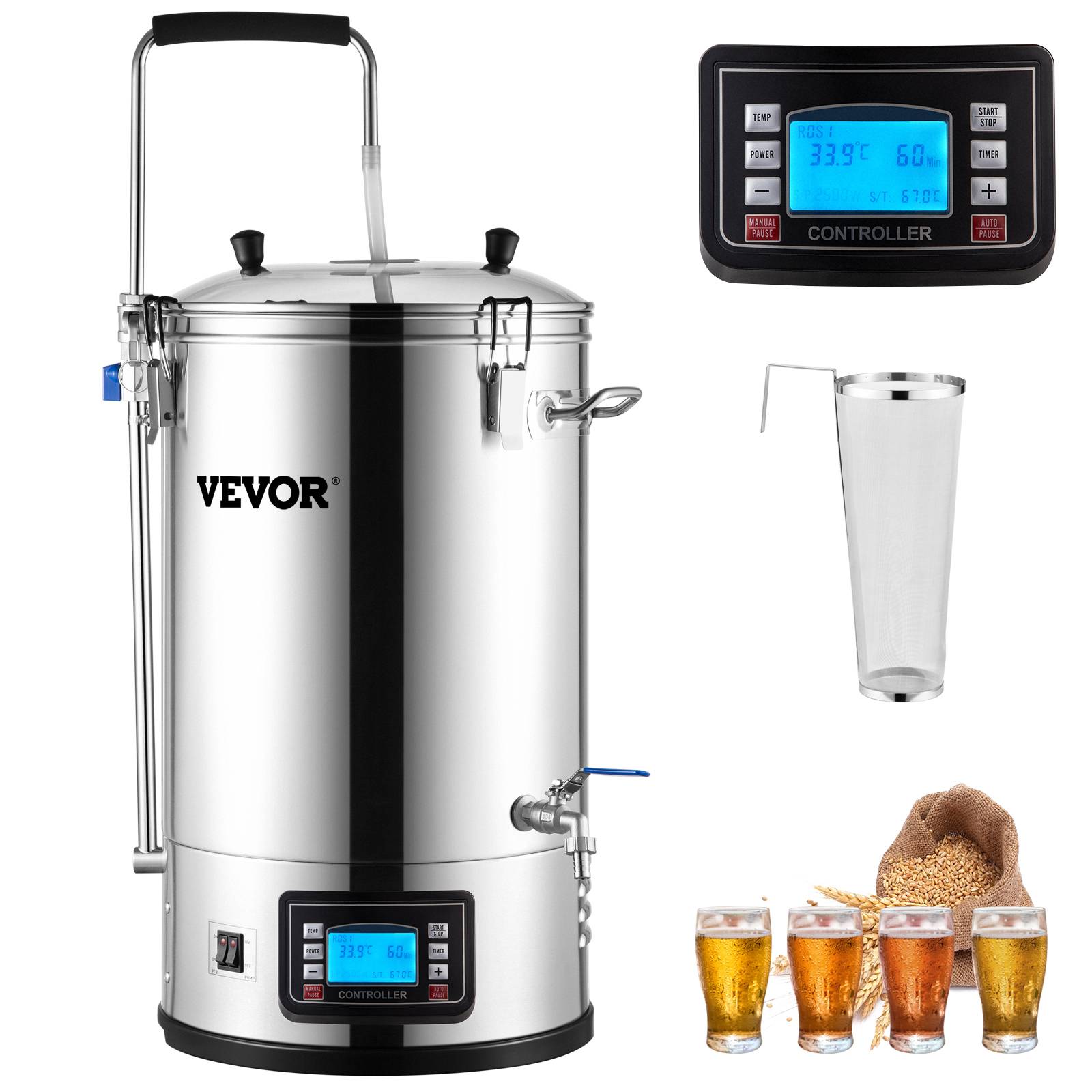 VEVOR Cuve brassage 30 L, système tout-en-un inox 35L, pompe, écran LCD, pour brassage maison. - Image 1