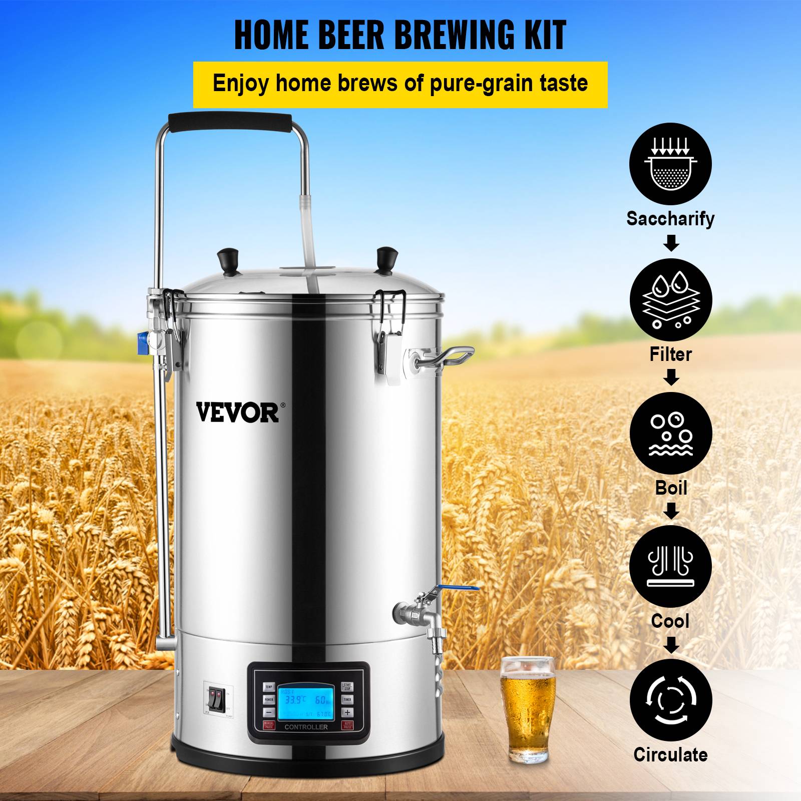 VEVOR Cuve brassage 30 L, système tout-en-un inox 35L, pompe, écran LCD, pour brassage maison. - Image 2