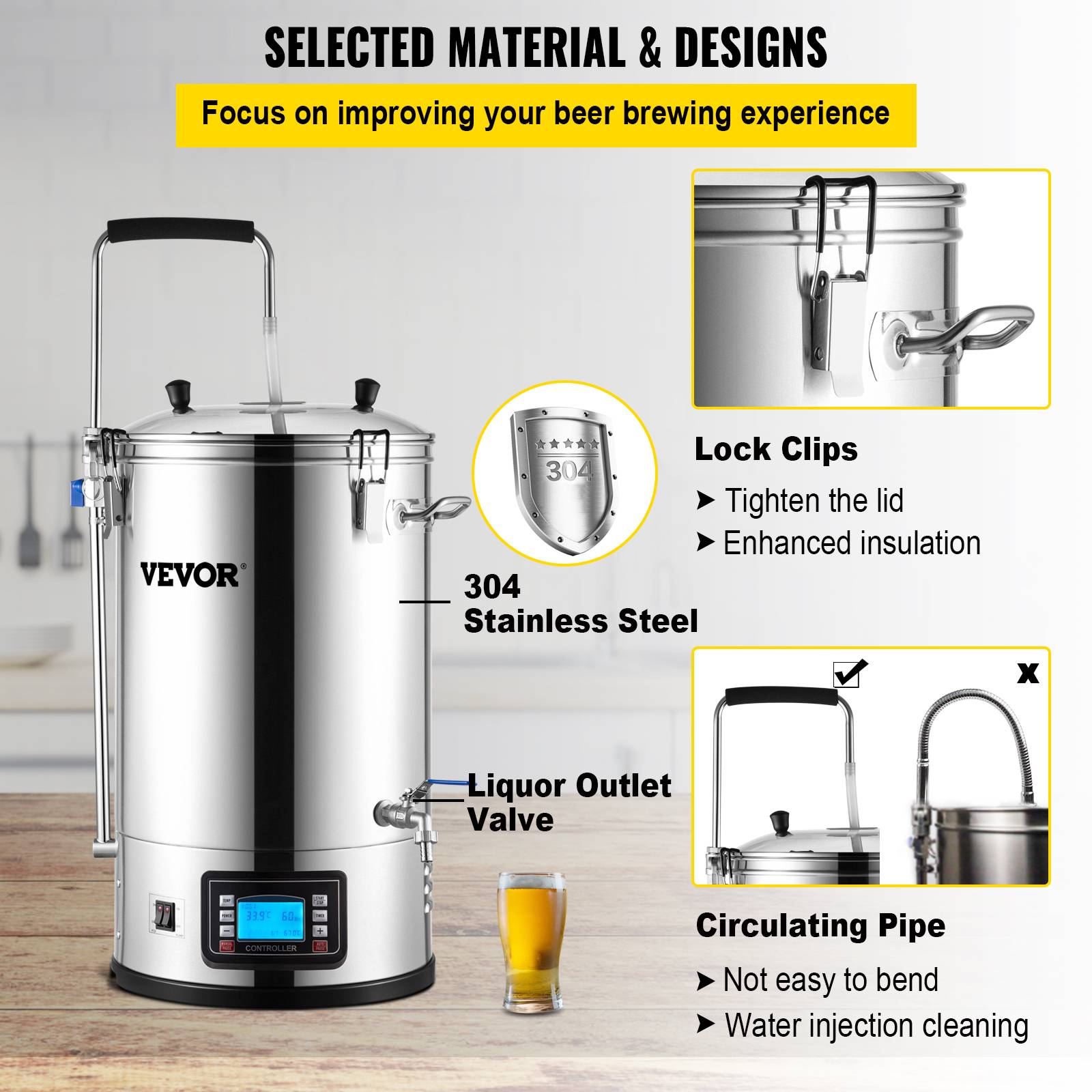 VEVOR Cuve brassage 30 L, système tout-en-un inox 35L, pompe, écran LCD, pour brassage maison. - Image 6