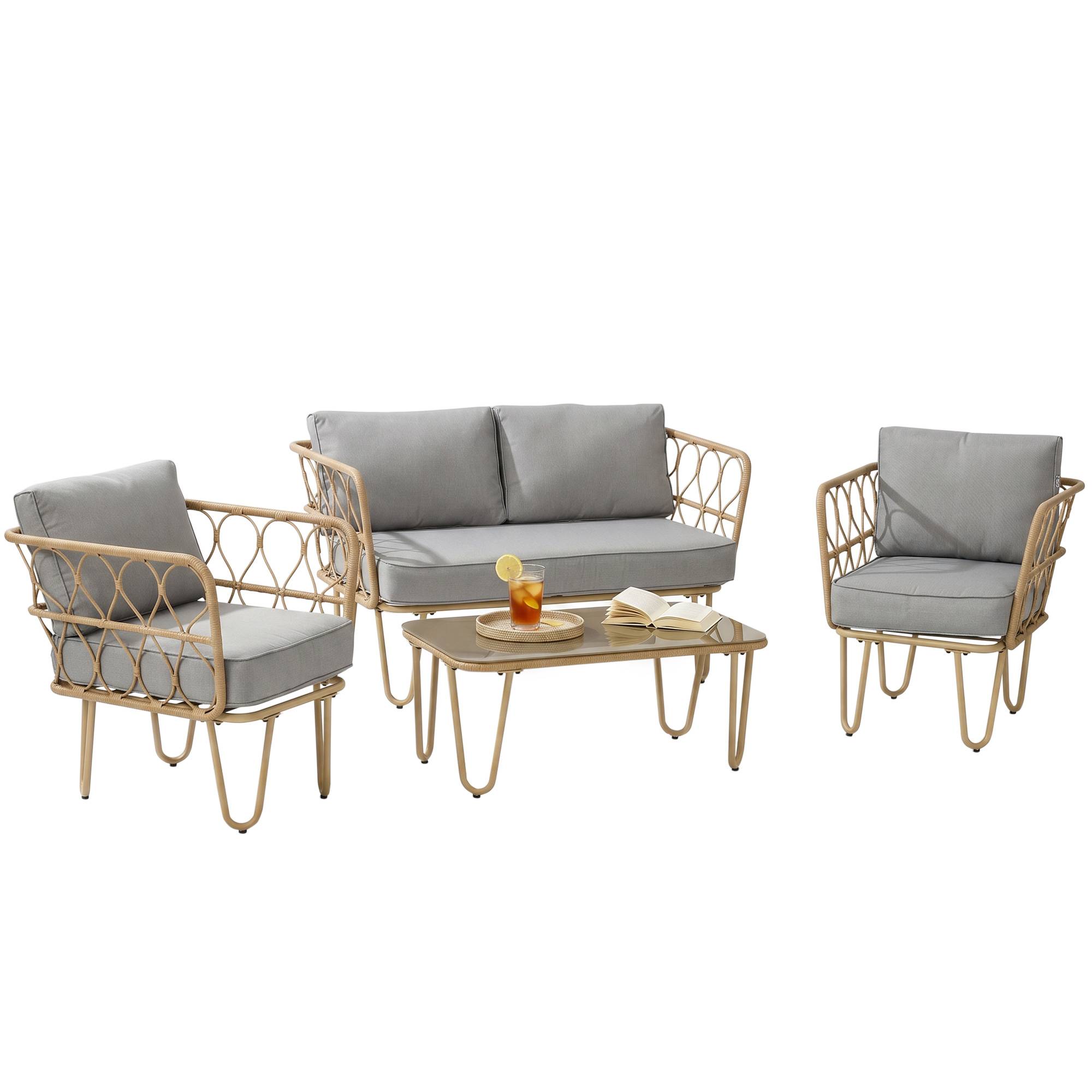 Salon jardin rotin style bohème, canapé 2 places, 2 fauteuils et table verre