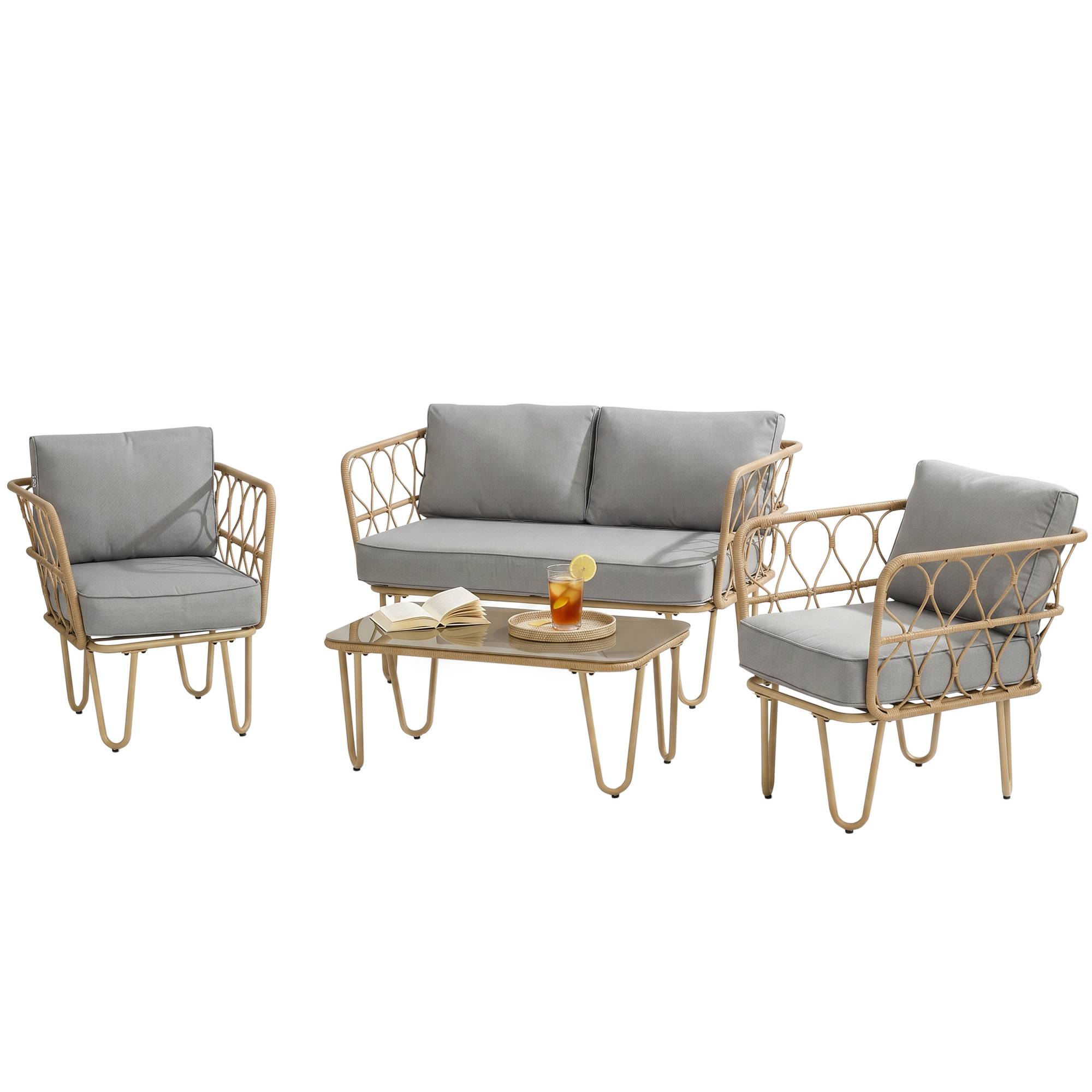 Salon jardin rotin style bohème, canapé 2 places, 2 fauteuils et table verre - Image 2