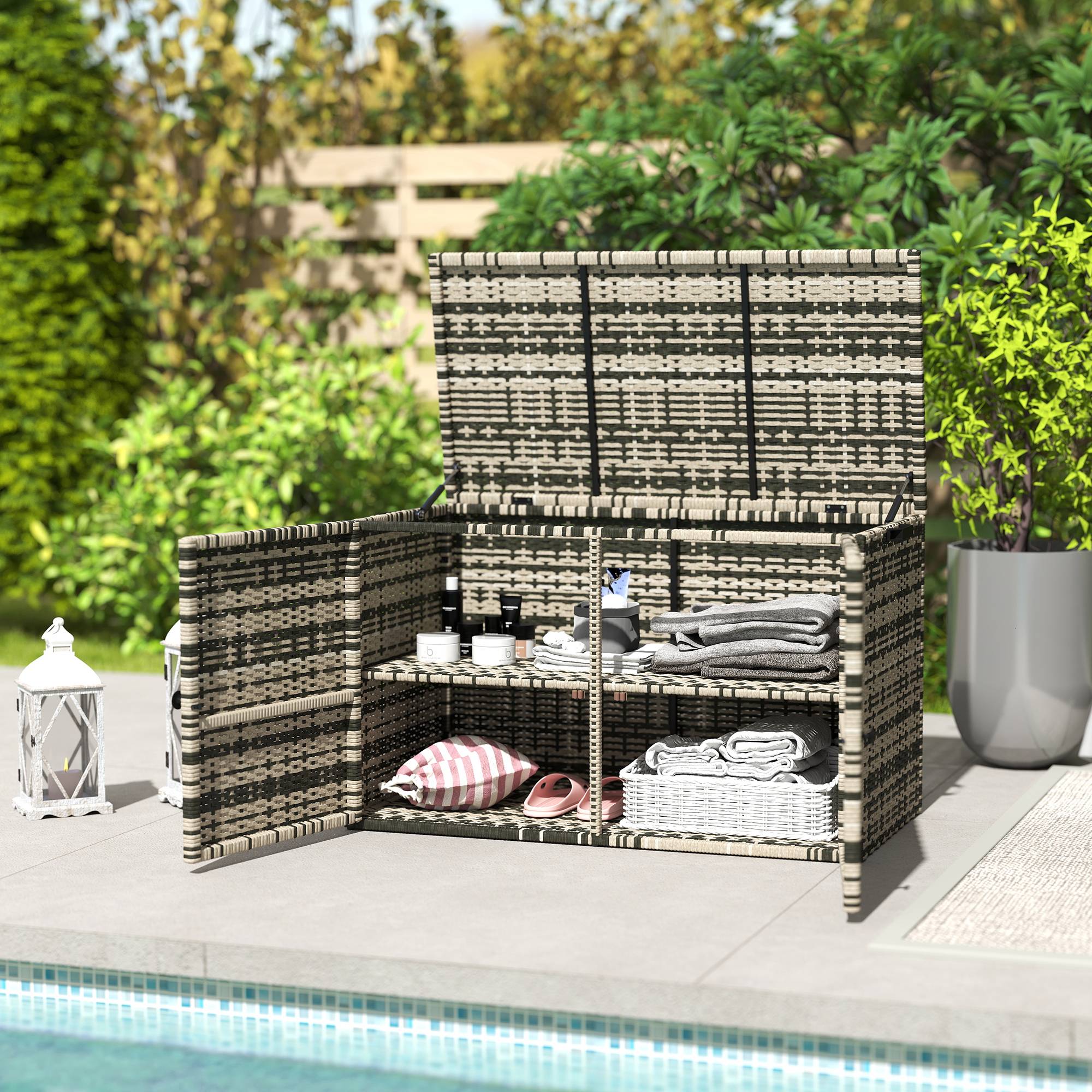 Coffre de jardin résine tressée gris 118 x 57 x 69 cm - PANGIVO - Image 9