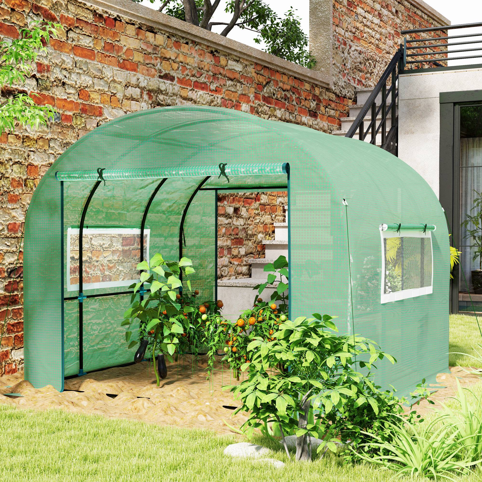 Serre de jardin serre tunnel de jardin 9m² PE Haute densité 135 g/m², avec 2 portes zippées 300 x 300 x 200 cm, vert - Image 3