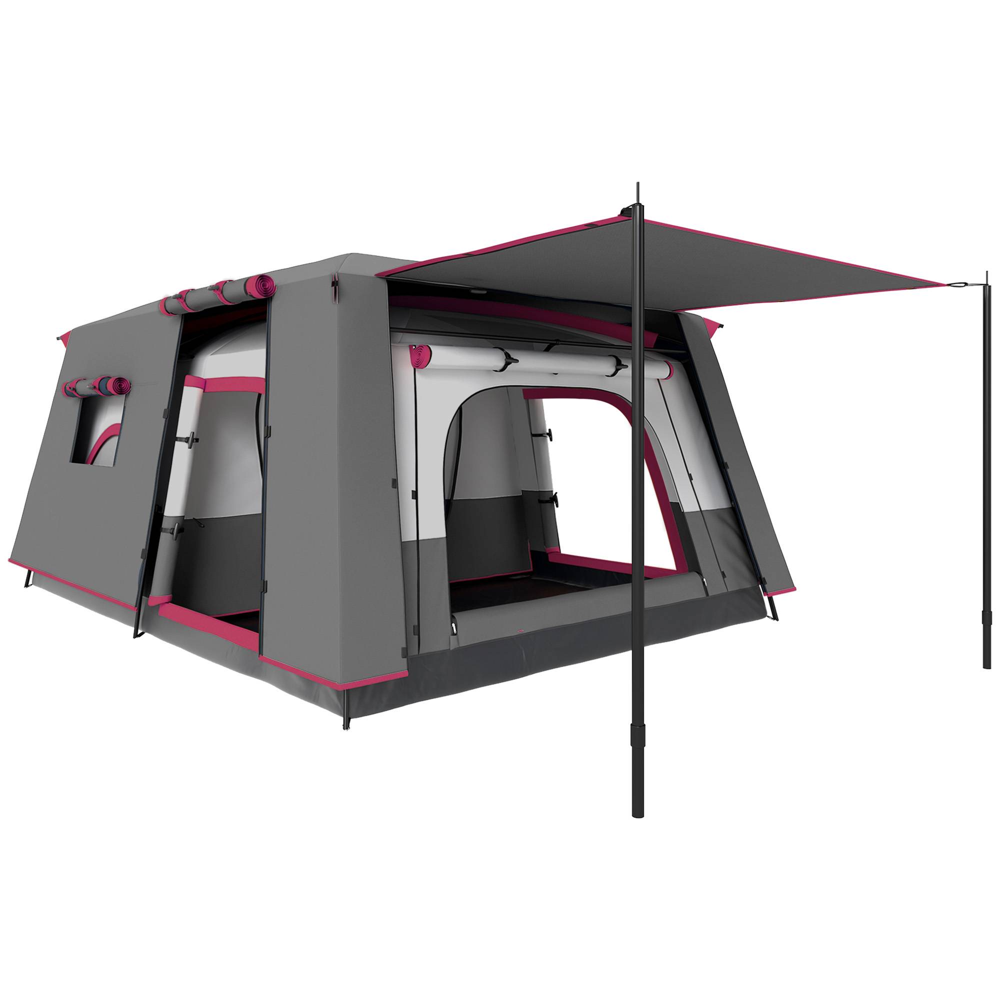 Tente familiale pour 4 personnes avec 2 chambres, un espace de vie et une protection imperméable 430 x 305 cm Rouge