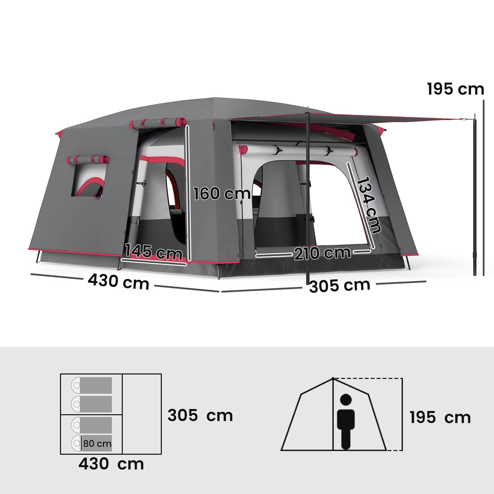 Tente familiale pour 4 personnes avec 2 chambres, un espace de vie et une protection imperméable 430 x 305 cm Rouge - Image 5