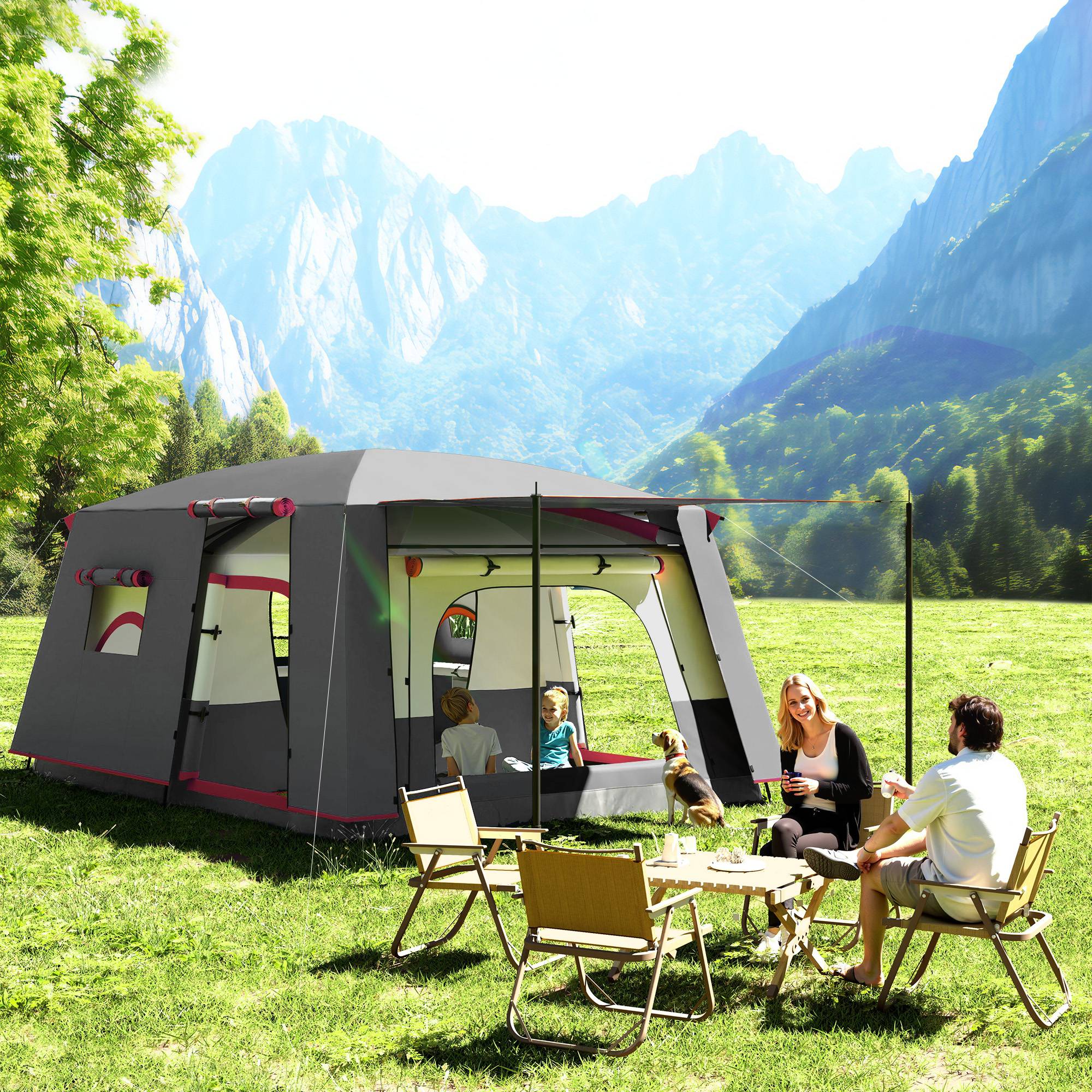 Tente familiale pour 4 personnes avec 2 chambres, un espace de vie et une protection imperméable 430 x 305 cm Rouge - Image 3